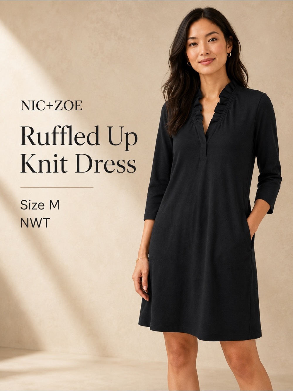 NIC+ZOE Ruffled Up Knit Dress Black Onyx Size M NWT